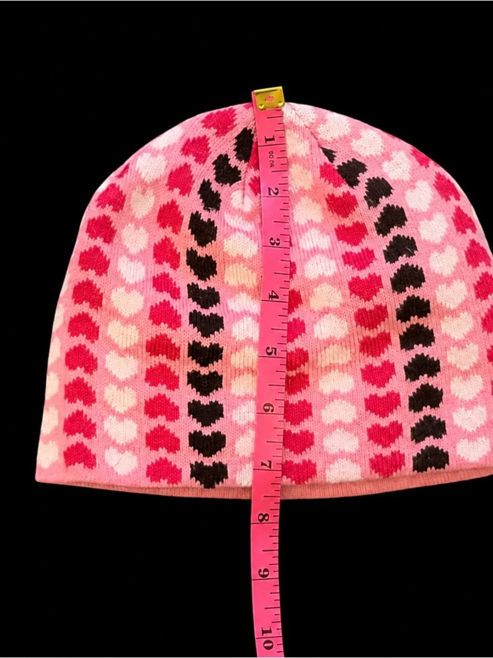 Girls Pink Multicolor Heart Print Knit Beanie Winter Hat Size 7-14